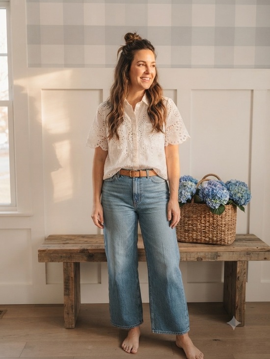 Zara Tops - Zara White Eyelet Short-Sleeve Button Blouse Medium